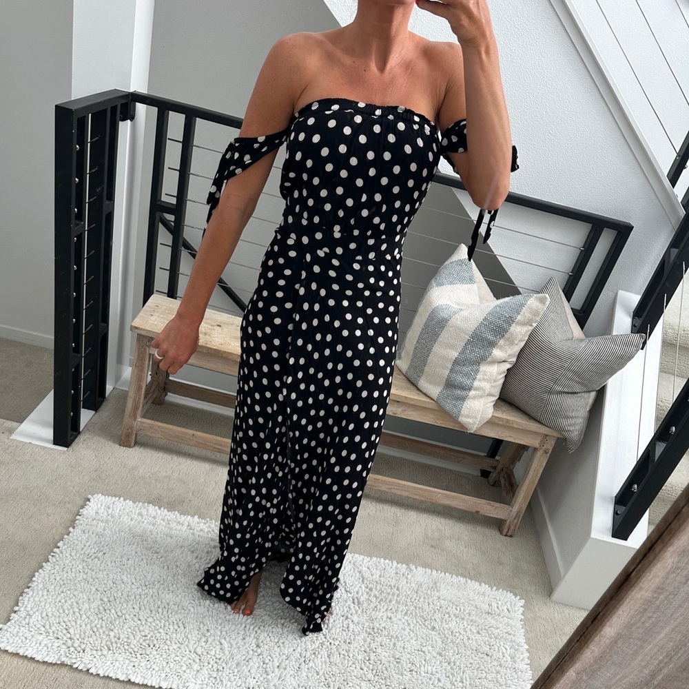 Olivaceous Black & White Polka Dot Off-Shoulder Maxi Dress | M - Picture 4 of 13